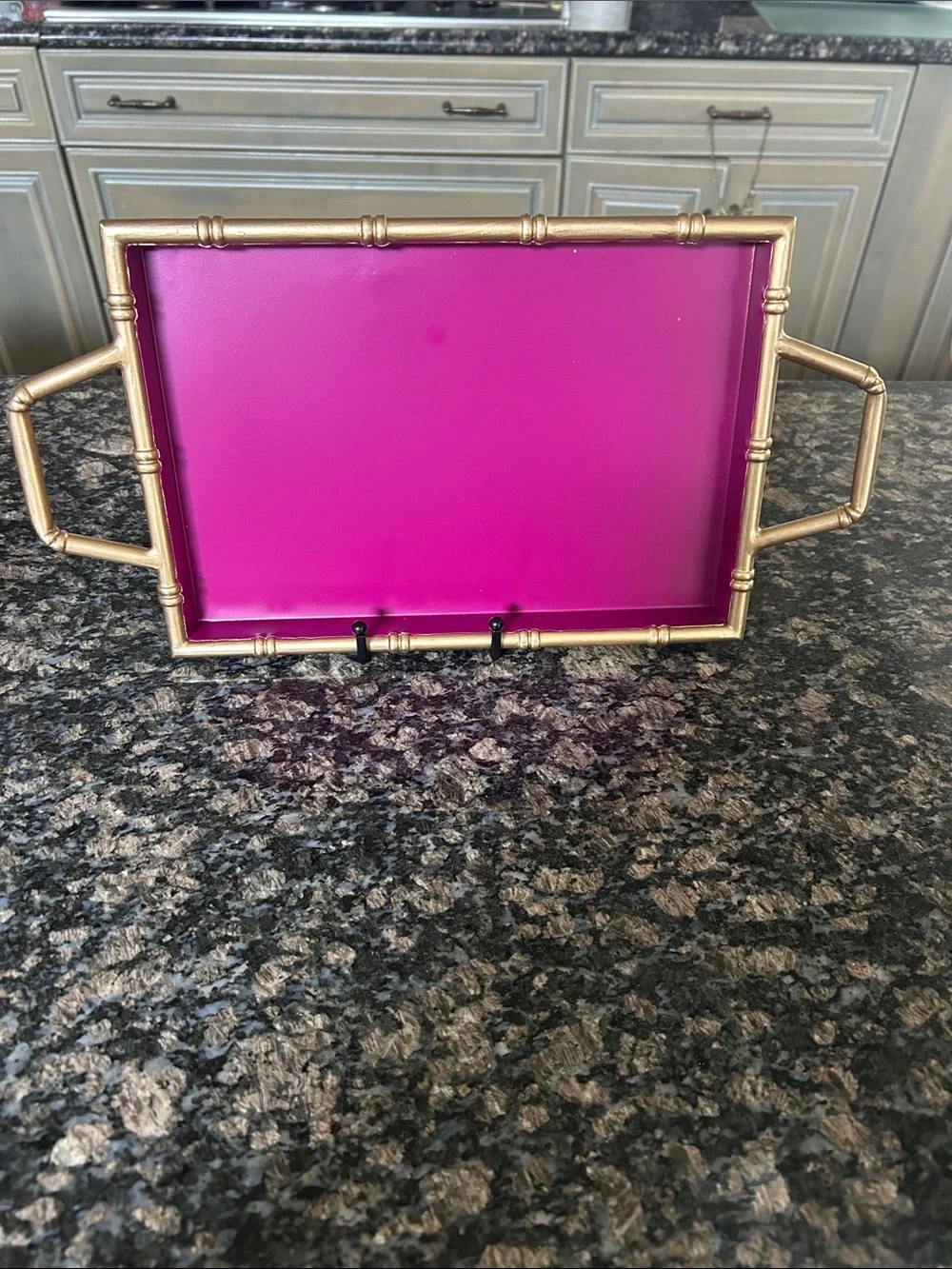 ASHLEY FUSHIA & GOLD METAL TRAY W BAMBOOEDGE AND HANDLES NWT